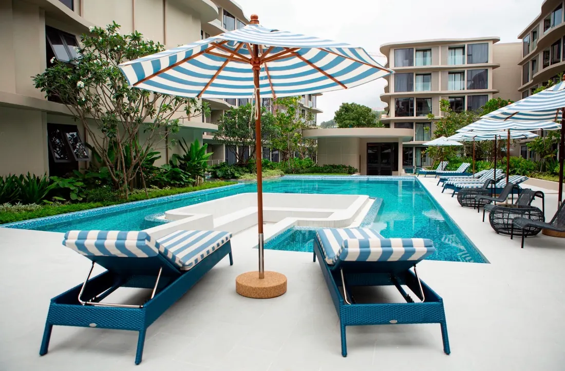 Beachfront pool deck with loungers
